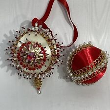 Mary Maxim? Lot of 2  Handmade Satin Beaded Ornament Red White picture