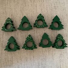 Set of 8 Vintage Wood Napkin Rings Green Handpainted Christmas Trees picture