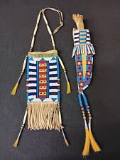 ALABASTER POINT KNIFE W/BEADED NATIVE AMERICAN INDIAN SHEATH AND MATCHING BAG picture