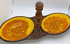 Vintage Calif. Pottery Yellow Glaze Divided Snack Tray Nut Dish with Wood Handle picture