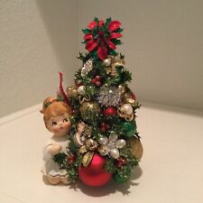 Christmas Vintage Jeweled Bottle Brush Tree W/ Ceramic Angel - Japan picture