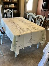 Beautiful Embroidered And Cutwork Table Cloth. Ecru W/ Gray Embroidery 97” X 60 picture