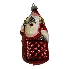 Santa In Chimney Frosted Trim Blown Glass Ornament West Germany Vintage  picture