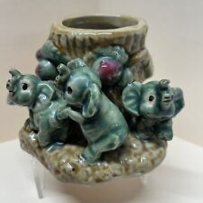 Vintage Majolica Lucky Bamboo Three Green Elephants Pottery Planter picture