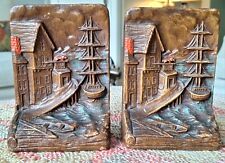 Vintage Syroco Wood Bookends Nautical Wharf Scene Tall Ship Harbor Seaside picture