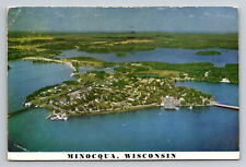 Minocqua Wisconsin Aerial View The Island City c1952 WI Postcard picture