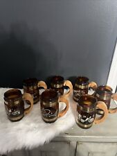LOT  7 VTG Siesta Ware Brown Amber Glass Mugs Western Cowboy Wooden Handles picture