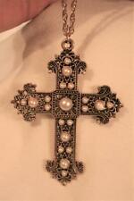 Lacy Large Goldtone Simulated Pearl Beaded Pectoral Cross Pendant Necklace picture