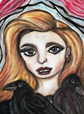 Girl with Crows Original 9x12 Pastel Painting Artist KSams 90s Gothic look picture