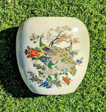 Vintage Peacocks & Flowers Gold Crackle Glazed Porcelain Oval Thin Signed Vase picture
