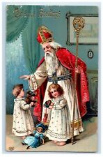 c1910 Christmas White Robe Old World Saint Santa Gel Gold Gilt Children Postcard picture