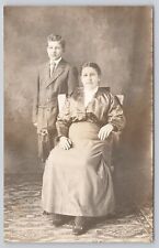 Woman Long V-Neck Dress Sitting with Son in Suit Coat c1904-1918 RPPC Postcard picture