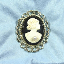 Cameo Brooch Pendant Pin White on Black Faux Pearl Silver Filigree Setting picture