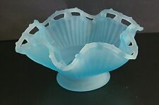 Vintage Westmoreland Glass Blue Satin Frosted Ribbed Bowl Ruffle Lattice Edge picture