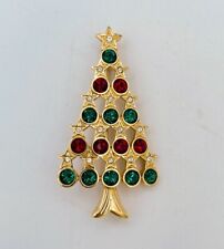Swarovski Signed Gold Toned Christmas Tree Pin Brooch Red Green Crystals picture