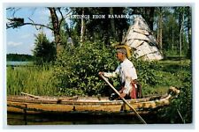 c1960s Indian Tribe Shoving Off, Greetings from Baraboo WI Postcard picture