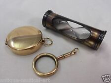 Set Of 3 Gift Antique Sand Timer Vintage Nautical Brass Compass Magnifying Glass picture