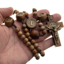 Large St Benedict Rosary Catholic Intercession Beads Brown Wood Cord Men Women picture