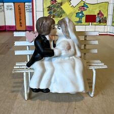Vintage Bisque Bride Groom Kissing on Metal Bench w Hearts 2-1/2