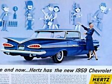 1959 Chevrolet Impala Blue Vintage 4 Door Hertz Original Print Ad 8.5 x 11