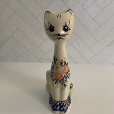 Polish Pottery Cat Ceramic Figurine Poland Floral 8.25” picture