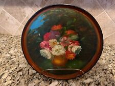 Vintage Round Wooden Tole Tray Black With Painted Floral Design With Handles picture