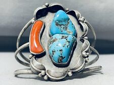 GASP VINTAGE NAVAJO DOUBLE TURQUOISE INLAY STERLING SILVER BRACELET picture