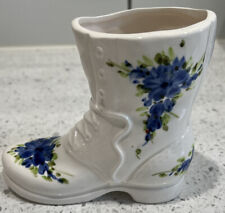 Vintage Boot Vase Ceramic Blue Floral Victorian Planter 5”x5” Faux Laces picture