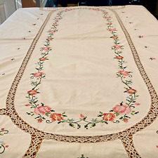 VTG Hand embroidered Cross stitch Tablecloth Hand Crochet Lace 65 X 96 Seats 6-8 picture