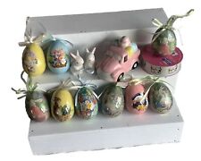 Paper Mache Easter Eggs Lot Of 9 Two Ceramic Rabbits Lighted Truck Ribbon Cute picture