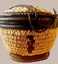 COWRIE SHELL Hausa MEDIUM Black Leather Trim BASKET- Africa- VINTAGE*** picture