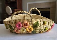 Vintage 1970s Retro Handmade Woven Lined Casserole Carry Basket Raffia Flowers picture