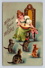 1910 Cats Begging Woman to Play Mandolin Music Good Wishes Postcard picture