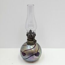 VTG Lundberg Studios Art Glass Miniature Oil Lamp Heart Vine Iridescent Aurene picture