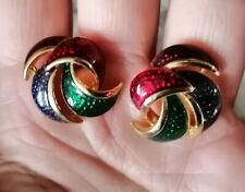 Vintage Colorful Sparkle Enamel Swirl Gold Tone Earrings Pierced picture