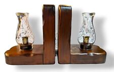 VTG Modernist Brutalist LG Wooden Bookend Glass Lantern Candlestick Brass Holder picture