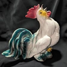 Vtg Colorful Crowing White Rooster With Teal Sweeping Tail Feathers  6.5” Tall picture