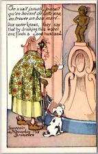 Vintage BRUSSELS Belgium MANNEKEN PIS Comic Postcard Old Lady w/ Drinking Cup picture