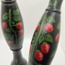 Vtg Pair Strawberry Folk Art Hand Painted Black Wood Candlestick Farmhouse 12.5” picture
