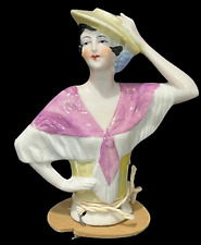 Vintage Art Deco German Luster Porcelain Arms Away Half Doll Sewing Pin Cushion picture