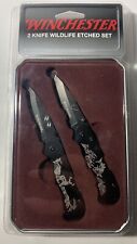 Wildlife Etched Winchester 2 Knife Set Buck Hunting Bass Fishing Outdoorsman picture