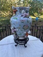 Rare Chinese Fertility Vase W/Stand 14” Blue W/Pink Flowers Butterflies Children picture
