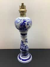 RARE Antique Vintage Blue & White Porcelain Oil Lamp Liberty Mark W/ Eagle EUC picture