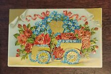 ANTIQUE 1907-1910 BIRTHDAY GREETINGS GOLD EMBOSSED ROSES FLOWER CAR POSTCARD picture