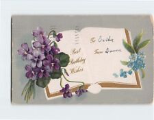 Postcard Best Birthday Wishes Book & Flower Art Print Embossed Card picture