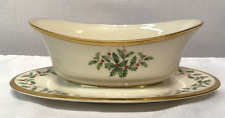 LENOX Holiday Gravy Boat & Underplate Attached Hollies/Berries Gold Trim 9 7/8