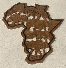 VTG Hand Carved Wood Africa Continent Wall Hanging Artwork Animals Lion Elephant picture