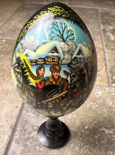 Antique Vintage Russian Hand Painted Wood Egg W/ Stand Winter Woman Horses 8” picture