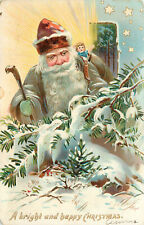 Embossed Tuck Christmas Post Card Bright Happy Grey Robe Red Hat Santa Claus 102 picture