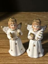 Pair Ceramic Angels Bell Christmas Ornaments White Bearing Gifts picture